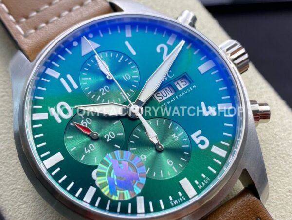 ZF Factory IWC Pilot Chronograph IW377726 43mm Steel Leather Strap Arabic Numerals Green Dial (6) ZF Factory IWC Pilot Chronograph IW377726 43mm Steel Brown Leather Strap Arabic Numerals Green Dial