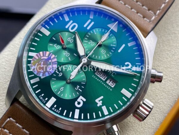 ZF Factory IWC Pilot Chronograph IW377726 43mm Steel Leather Strap Arabic Numerals Green Dial (7) ZF Factory IWC Pilot Chronograph IW377726 43mm Steel Brown Leather Strap Arabic Numerals Green Dial