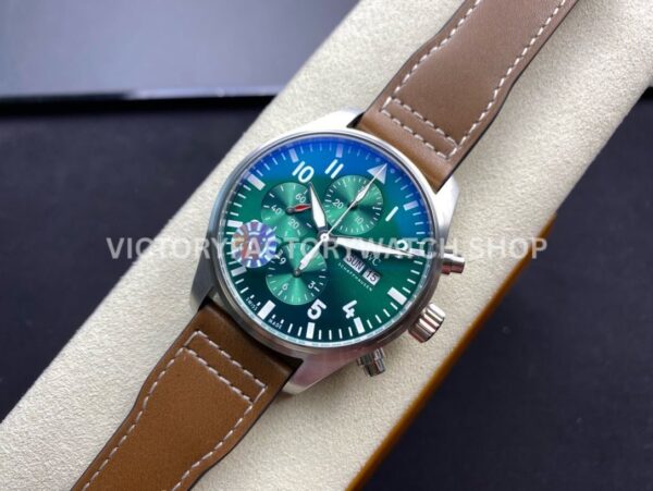 ZF Factory IWC Pilot Chronograph IW377726 43mm Steel Leather Strap Arabic Numerals Green Dial (8) ZF Factory IWC Pilot Chronograph IW377726 43mm Steel Brown Leather Strap Arabic Numerals Green Dial