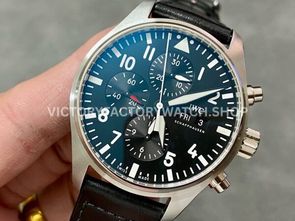 ZF Factory IWC Pilot Chronograph IW388111 43mm Steel Leather Strap Black Arabic Numerals Dial (2) ZF Factory IWC Pilot Chronograph IW388111 43mm Steel Leather Strap Arabic Numerals Black Dial