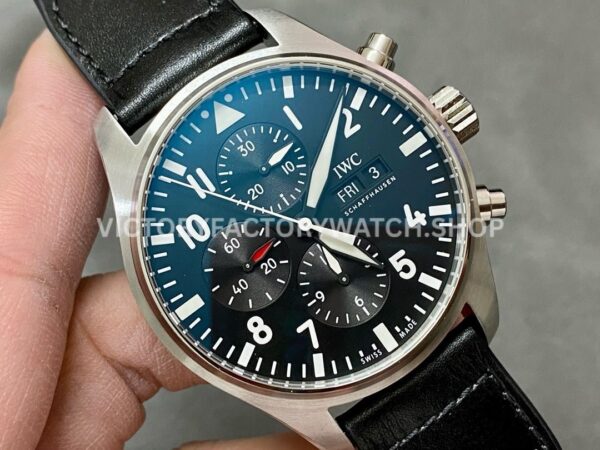 ZF Factory IWC Pilot Chronograph IW388111 43mm Steel Leather Strap Black Arabic Numerals Dial (5) ZF Factory IWC Pilot Chronograph IW388111 43mm Steel Leather Strap Arabic Numerals Black Dial