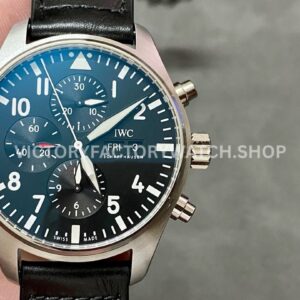ZF Factory IWC Pilot Chronograph IW388111 43mm Steel Leather Strap Black Arabic Numerals Dial (8) ZF Factory IWC Pilot Chronograph IW388111 black dial steel case watch