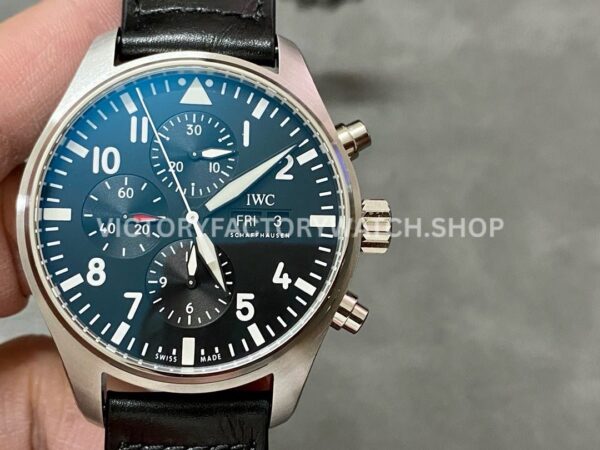 ZF Factory IWC Pilot Chronograph IW388111 43mm Steel Leather Strap Black Arabic Numerals Dial (8) ZF Factory IWC Pilot Chronograph IW388111 black dial steel case watch