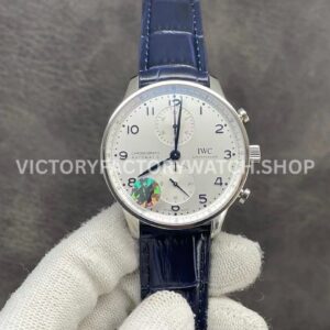 ZF Factory IWC Portuguese Chronograph IW371605 40mm Steel Leather Strap Silver Arabic Numerals Dial (9) ZF Factory IWC Portuguese Chronograph IW371605 silver dial blue leather strap
