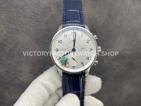 ZF Factory IWC Portuguese Chronograph IW371605 40mm Steel Leather Strap Silver Arabic Numerals Dial (9) ZF Factory IWC Portuguese Chronograph IW371605 silver dial blue leather strap