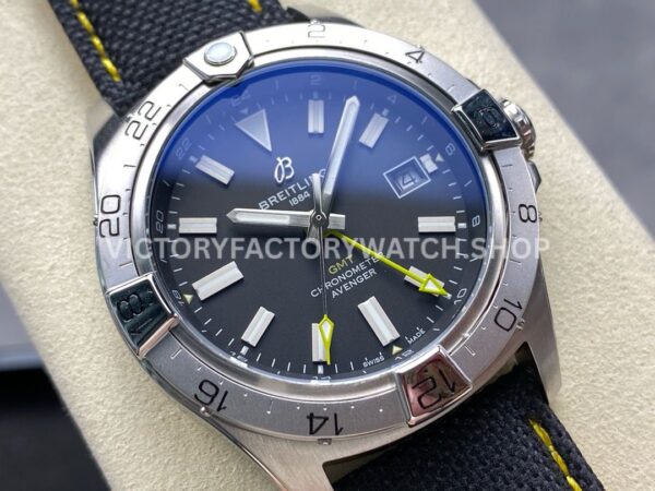 BLS Factory Breitling Avenger A323201A1B1X1 44mm Steel Calf Skin Strap Yellow GMT Needle Black (1) BLS Factory Breitling Avenger A323201A1B1X1 44mm Steel Calf Skin Strap Yellow GMT Needle Black Dial
