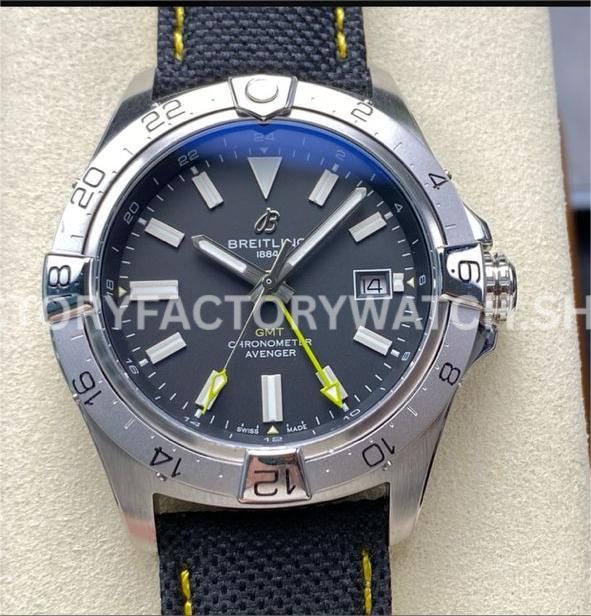 BLS Factory Breitling Avenger A323201A1B1X1 44mm Steel Calf Skin Strap Yellow GMT Needle Black ( (7) BLS Factory Breitling Avenger A323201A1B1X1 44mm steel calfskin strap black dial yellow GMT hand