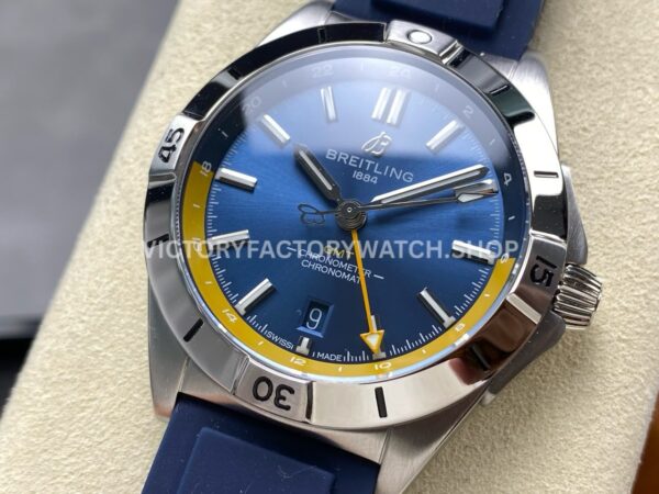 BLS Factory Breitling Chronomat GMT A323981A1C1A1 40mm Rubber Strap Yellow GMT Needle Blue Dial