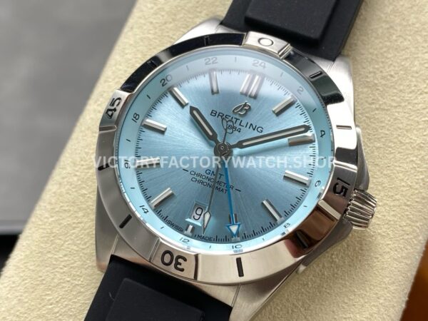 BLS Factory Breitling Chronomat GMT A32398A21L1A1 40mm Rubber Strap Light Blue GMT Needle Light Blue Dial