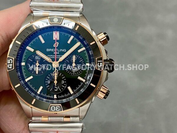 BLS Factory Breitling Chronomat UB0134131L1S1 42mm half rose gold ceramic bezel green dial