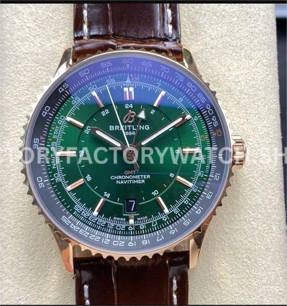 BLS Factory Breitling Navitimer GMT R32310251L1R1 41mm Rose Gold Leather Strap Green Dial (5) BLS Factory, Breitling Navitimer, Navitimer GMT, Green Dial, A32310251L1P1