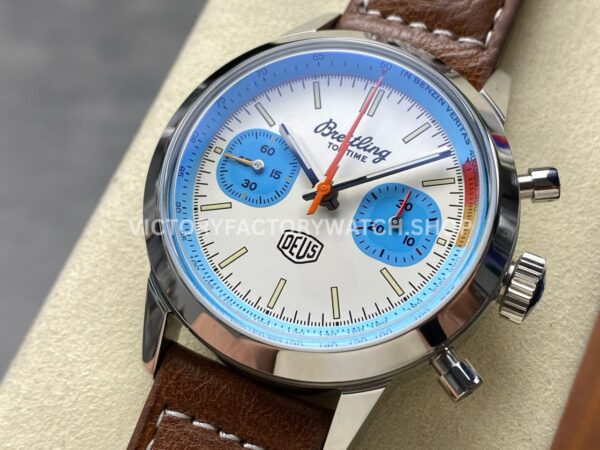 BLS Factory Breitling Top Time B01 A233112A1A1X1 42mm Steel Brown Leather Strap Light Blue Eye White Dial