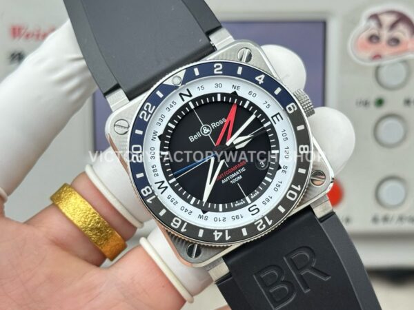 BRF Factory Bell & Ross BR-03 GMT Compass 42mm Steel Rubber Strap Black Aluminium Bezel Black Dial (6) BRF Factory Bell & Ross BR-03 GMT Compass 42mm Steel Rubber Strap Black Aluminium Bezel Black Dial