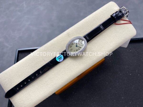 DR Factory Cartier Baignoire WB520008 31.4mm White Gold Leather Strap Diamond Bezel Roman Numerals Silver Dial