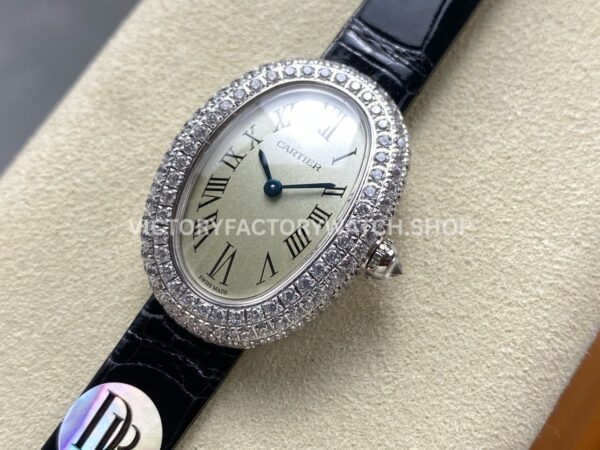 DR Factory Cartier Baignoire WB520008 31.4mm White Gold Leather Strap Diamond Bezel Roman Numerals Silver Dial