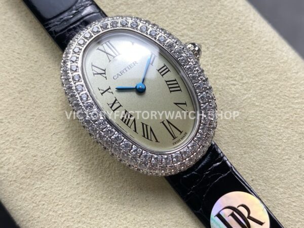 DR Factory Cartier Baignoire WB520008 31.4mm White Gold Leather Strap Diamond Bezel Roman Numerals Silver Dial