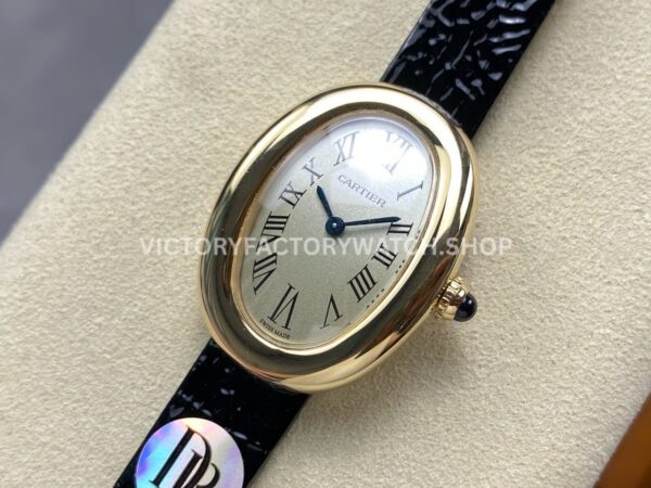 DR Factory Cartier Baignoire WGBA0007 31.4mm Yellow Gold Black Leather Strap Roman Numerals Silver Dial