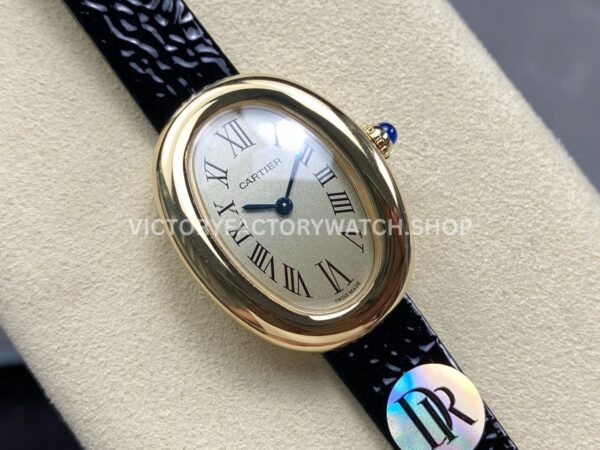 DR Factory Cartier Baignoire WGBA0007 31.4mm Yellow Gold Black Leather Strap Roman Numerals Silver Dial