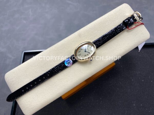 DR Factory Cartier Baignoire WGBA0007 31.4mm Yellow Gold Black Leather Strap Roman Numerals Silver Dial