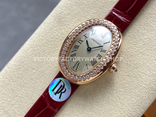 DR Factory Cartier Baignoire WJBA0031 31.4mm Rose Gold Red Leather  Strap Diamond Bezel Roman Numerals Silver Dial