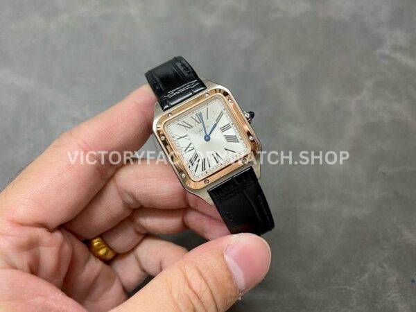 F1 Factory Cartier Santos Dumont W2SA0012 27.5mm Rose Gold Bezel Leather Strap Roman Numerals Silver Dial
