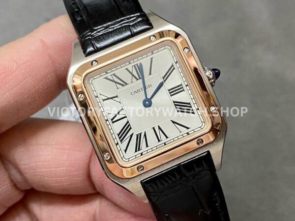 F1 Factory Cartier Santos Dumont W2SA0012 27.5mm Rose Gold Bezel Leather Strap Roman Numerals Silver Dial