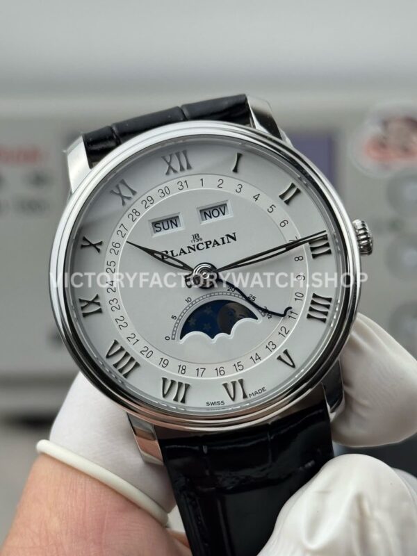 GR Factory Blancpain Villeret Quantième Complet 6654-1127-55B 40mm Steel Leather Strap Roman Numerals White Dial (1) GR Factory Blancpain Villeret Quantième Complet 6654-1127-55B 40mm Steel Leather Strap Roman Numerals White Dial