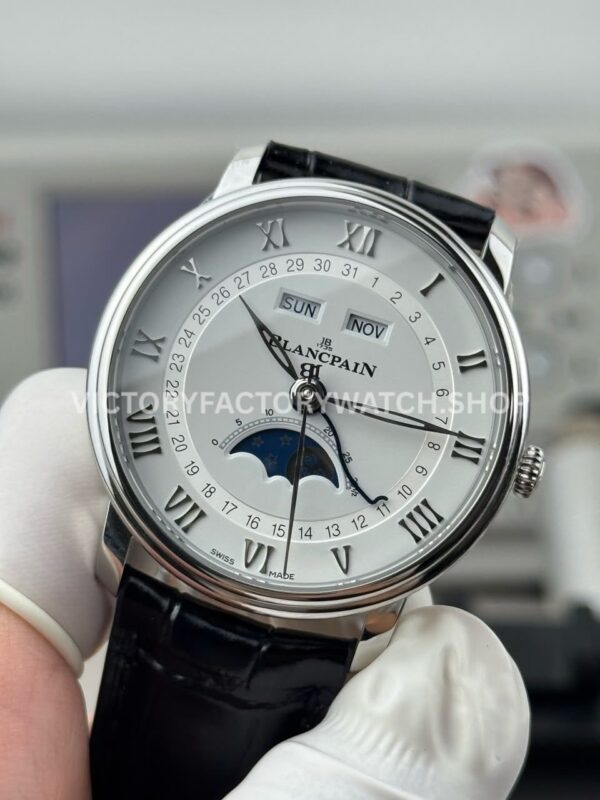 GR Factory Blancpain Villeret Quantième Complet 6654-1127-55B 40mm Steel Leather Strap Roman Numerals White Dial (2) GR Factory Blancpain Villeret Quantième Complet 6654-1127-55B 40mm Steel Leather Strap Roman Numerals White Dial