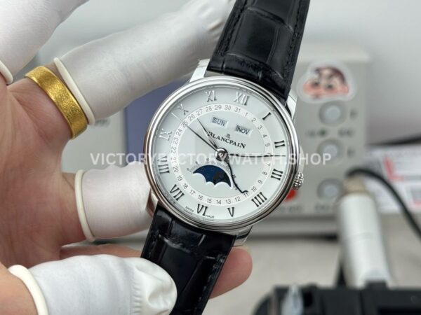 GR Factory Blancpain Villeret Quantième Complet 6654-1127-55B 40mm Steel Leather Strap Roman Numerals White Dial (4) GR Factory Blancpain Villeret Quantième Complet 6654-1127-55B 40mm Steel Leather Strap Roman Numerals White Dial