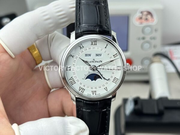 GR Factory Blancpain Villeret Quantième Complet 6654-1127-55B 40mm Steel Leather Strap Roman Numerals White Dial (7) GR Factory Blancpain Villeret Quantième Complet 6654-1127-55B 40mm steel leather strap white dial