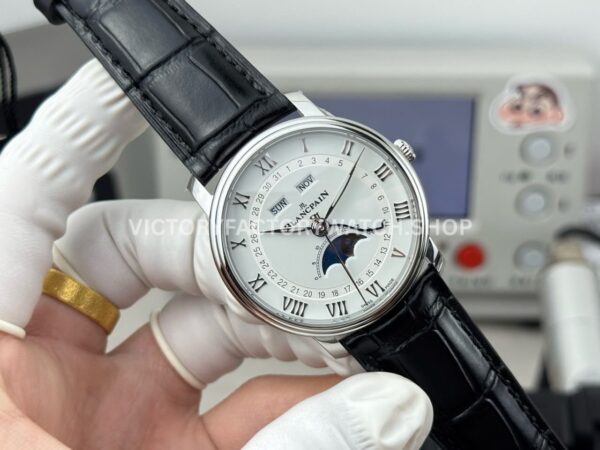 GR Factory Blancpain Villeret Quantième Complet 6654-1127-55B 40mm Steel Leather Strap Roman Numerals White Dial (8) GR Factory Blancpain Villeret Quantième Complet 6654-1127-55B 40mm Steel Leather Strap Roman Numerals White Dial