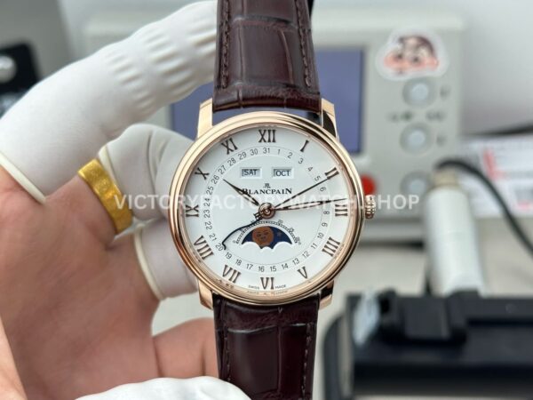GR Factory Blancpain Villeret Quantième Complet 6654-3642-55B 40mm Rose Gold Leather Strap Roman Numerals White Dial (5) GR Factory Blancpain Villeret Quantième Complet 6654-3642-55B 40mm rose gold leather strap white dial