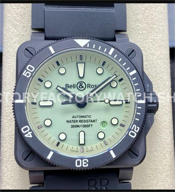 M+ Factory Bell & Ross BR-03-92 BR0392-D-C5-CESRB 41mm ceramic rubber strap green dial