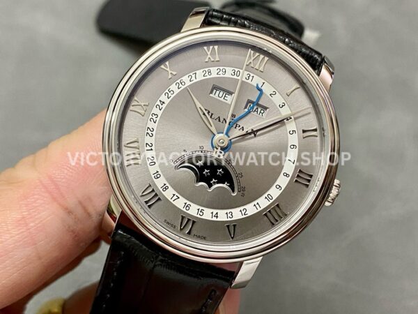 OM Factory Blancpain Villeret Quantième Complet 6654-1113-55B 40mm Steel (8) OM Factory Blancpain Villeret Quantième Complet 6654-1113-55B 40mm Steel Leather Strap Roman Numerals Grey Dial