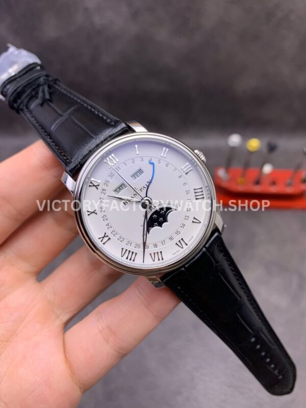 OM Factory Blancpain Villeret Quantième Complet 6654-1127-55B 40mm Steel Leather Strap Roman (3) OM Factory Blancpain Villeret Quantième Complet 6654-1127-55B 40mm Steel Leather Strap Roman Numerals White Dial