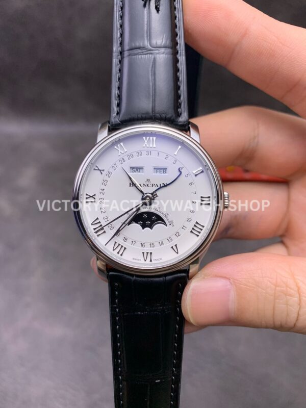 OM Factory Blancpain Villeret Quantième Complet 6654-1127-55B 40mm Steel Leather Strap Roman OM Factory Blancpain Villeret Quantième Complet 6654-1127-55B 40mm steel leather strap white dial
