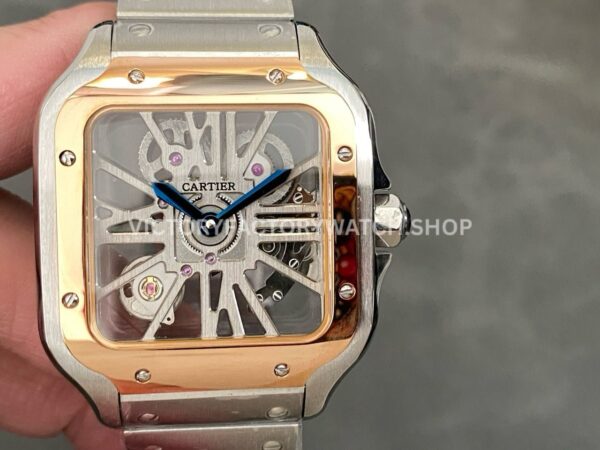 THB Factory Cartier Santos WHSA0012 39.8mm Full Steel Yellow Gold Bezel Silver Roman Numerals Skeleton Dial (1) THB Factory Cartier Santos WHSA0012 yellow gold-tone bezel skeleton dial