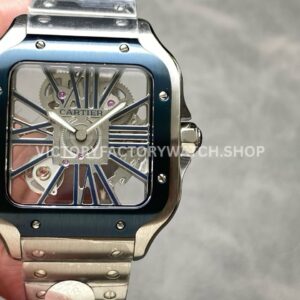 THB Factory Cartier Santos WHSA0026 39.8mm Full Steel Blue Roman Numerals Skeleton Dial (10) THB Factory Cartier Santos WHSA0027 black Roman numeral skeleton watch