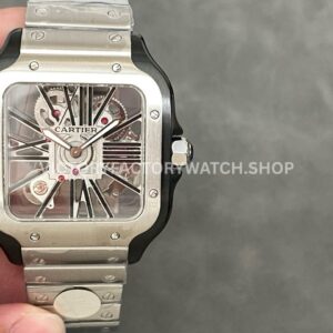 THB Factory Cartier Santos WHSA0027 39.8mm Full Steel Black Roman Numerals Skeleton Dial (6) THB Factory Cartier Santos WHSA0027 black skeleton dial