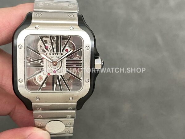 THB Factory Cartier Santos WHSA0027 39.8mm Full Steel Black Roman Numerals Skeleton Dial (6) THB Factory Cartier Santos WHSA0027 black skeleton dial