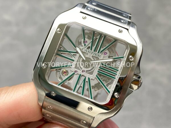 THB Factory Cartier Santos WHSA0028 39.8mm Full Steel Green Roman Numerals Skeleton Dial (3) THB Factory Cartier Santos WHSA0028 39.8mm Full Steel Green Roman Numerals Skeleton Dial
