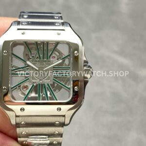 THB Factory Cartier Santos WHSA0028 39.8mm Full Steel Green Roman Numerals Skeleton Dial (7) THB Factory Cartier Santos WHSA0028 green skeleton dial