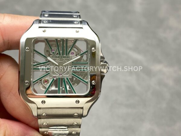 THB Factory Cartier Santos WHSA0028 39.8mm Full Steel Green Roman Numerals Skeleton Dial (7) THB Factory Cartier Santos WHSA0028 green skeleton dial