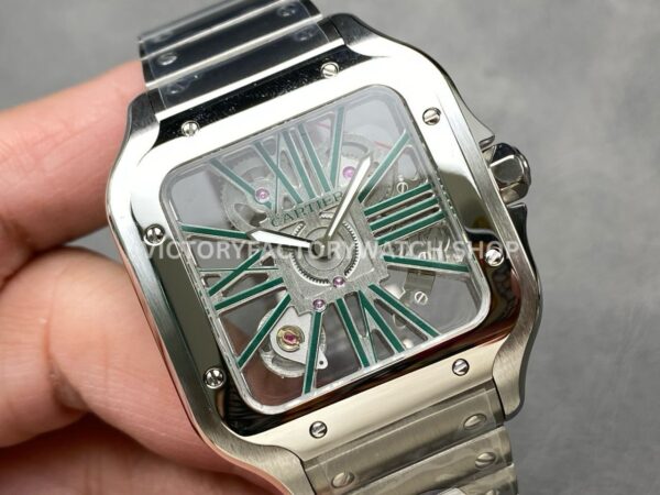 THB Factory Cartier Santos WHSA0028 39.8mm Full Steel Green Roman Numerals Skeleton Dial (8) THB Factory Cartier Santos WHSA0028 39.8mm Full Steel Green Roman Numerals Skeleton Dial