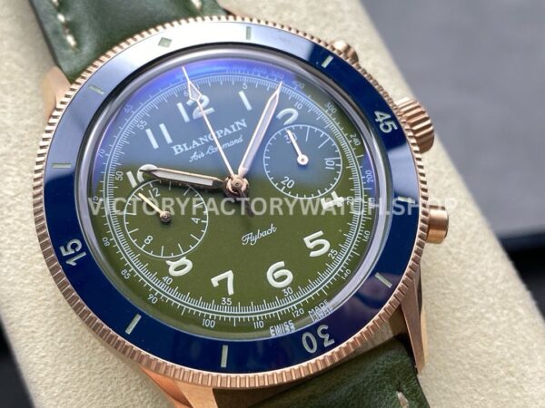 TW Factory Blancpain Air Command AC02-12B53-63B 42.5mm Rose Gold Calfskin Vintage ( (5) TW Factory Blancpain Air Command AC02-12B53-63B 42.5mm Rose Gold Calfskin Vintage Leather Strap Blue Ceramic Bezel Avocado Green Dial