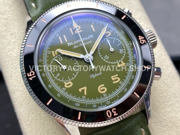 TW Factory Blancpain Air Command AC02-12B53-63B 42.5mm Steel Calfskin Vintage Leathe ( TW Factory Blancpain Air Command AC02-12B53-63B 42.5mm Steel Calfskin Vintage Leather Strap Black Ceramic Bezel Avocado Green Dial