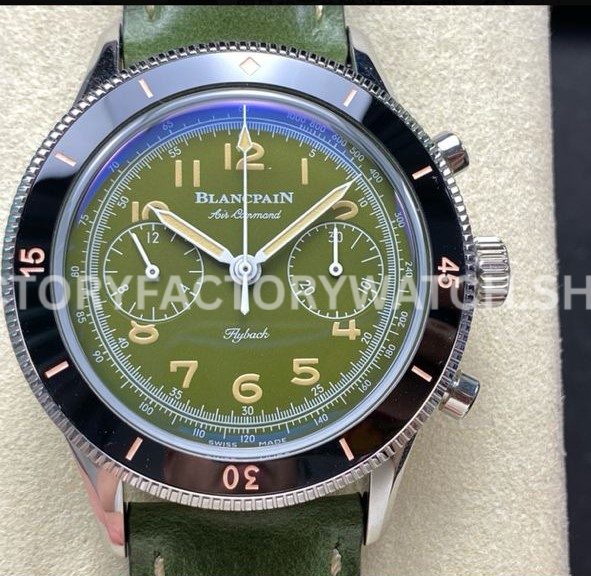 TW Factory Blancpain Air Command AC02-12B53-63B 42.5mm Steel Calfskin Vintage Leathe ( (5) TW Factory Blancpain Air Command AC02-12B53-63B 42.5mm steel black ceramic bezel green dial