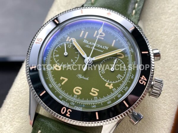 TW Factory Blancpain Air Command AC02-12B53-63B 42.5mm Steel Calfskin Vintage Leathe ( (9) TW Factory Blancpain Air Command AC02-12B53-63B 42.5mm Steel Calfskin Vintage Leather Strap Black Ceramic Bezel Avocado Green Dial