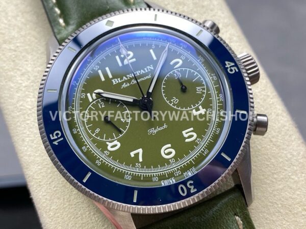 TW Factory Blancpain Air Command AC02-12B53-63B 42.5mm Steel Calfskin Vintage Leather Strap Blue Ceramic Bezel Avocado Green Dial