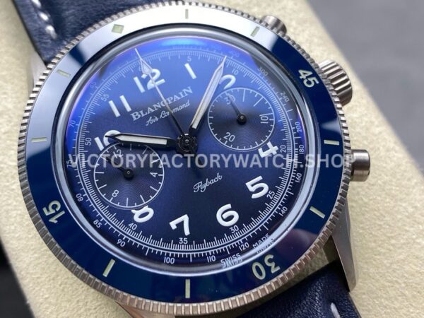 TW Factory Blancpain Air Command N0AC02O12B040N063B 42.5mm Steel Calfskin Vintage Leather Strap Blue Ceramic Bezel Blue Dial